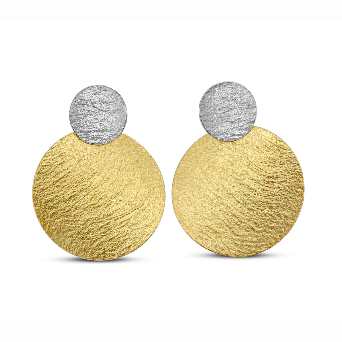 Manu Contemporary Yellow Gold Bi Metal Round Disc Drop Earrings