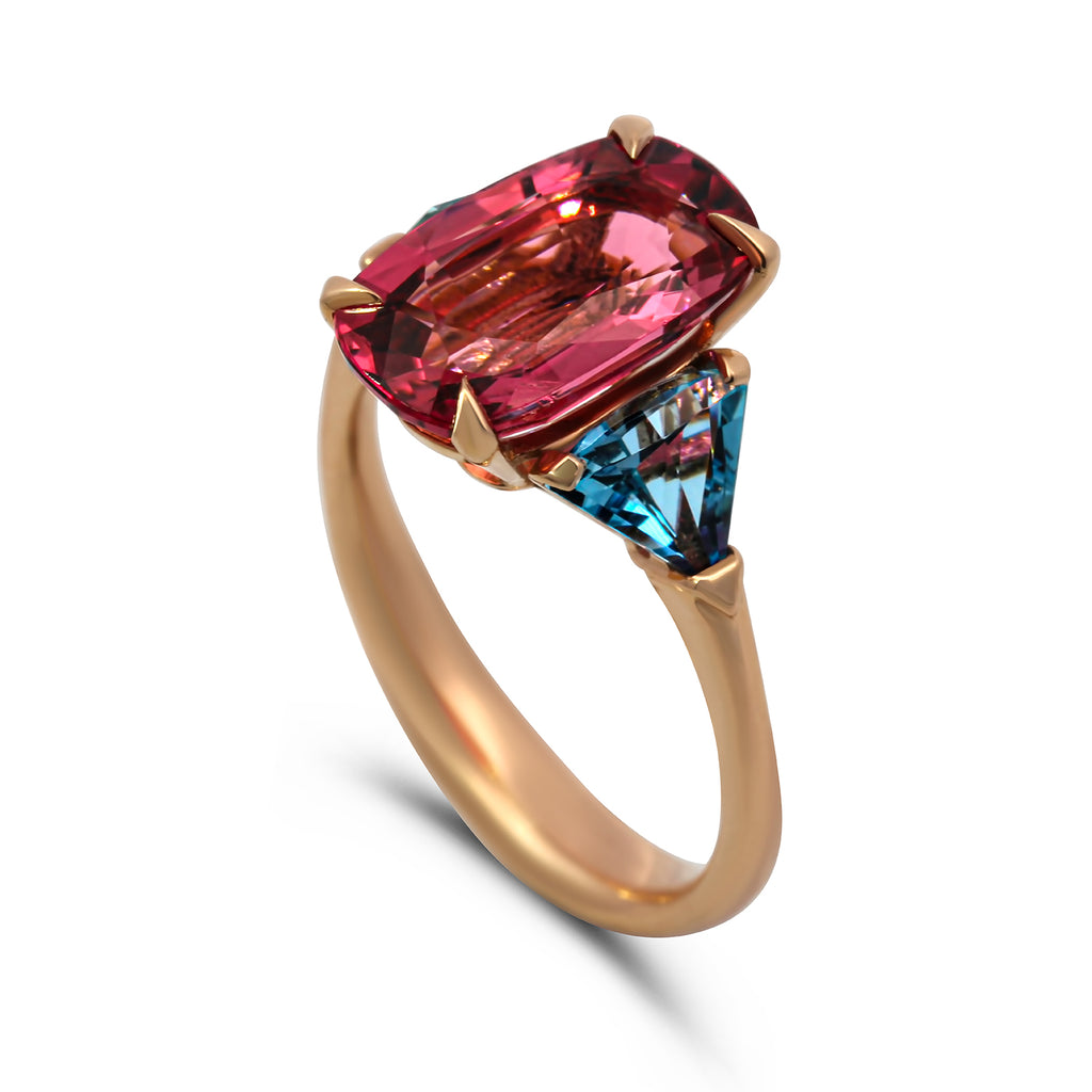 Photograph 1 of Ronan Campbell's 18k Rose Gold Fine Pink Tourmaline Aquamarine Ring. Available on DESIGNYARD.com and in our Jewellery Shop Dublin, Ireland. Free Worldwide Shipping with DHL.