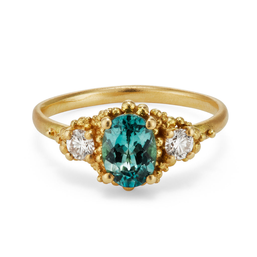 Photograph 1 of Hannah Bedford's 18k Yellow Gold Green Malawi Sapphire Diamond Engagement Ring. Available on DESIGNYARD.com and in our Jewelry Store Dublin, Ireland.