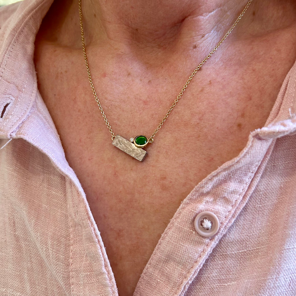Photograph 4 of Louise O'Neill's Contemporary 18k Yellow White Gold Green Diopside Diamond Necklace. Available on DESIGNYARD.com and in our Jewellery Shop Dublin, Ireland. Free Worldwide Shipping with DHL