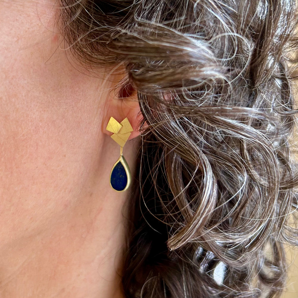 Photograph 2 of Daphne Krinos's 18k Yellow Gold Ultramarine Drop Earrings. Available on DESIGNYARD.com and in our Jewellery Shop Dublin, Ireland. Free Worldwide Shipping with DHL.