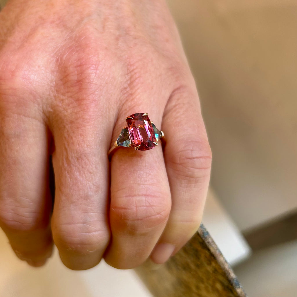 Photograph 2 of Ronan Campbell's 18k Rose Gold Fine Pink Tourmaline Aquamarine Ring. Available on DESIGNYARD.com and in our Jewellery Shop Dublin, Ireland. Free Worldwide Shipping with DHL.