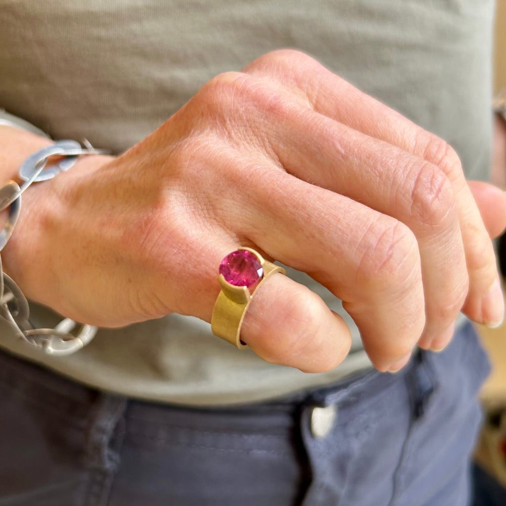 Photograph 2 of Daphne Krinos's Contemporary 18k Yellow Gold Rubellite Statement Ring. Available on DESIGNYARD.com and in our Jewellery Shop Dublin, Ireland. Free Worldwide Shipping with DHL.