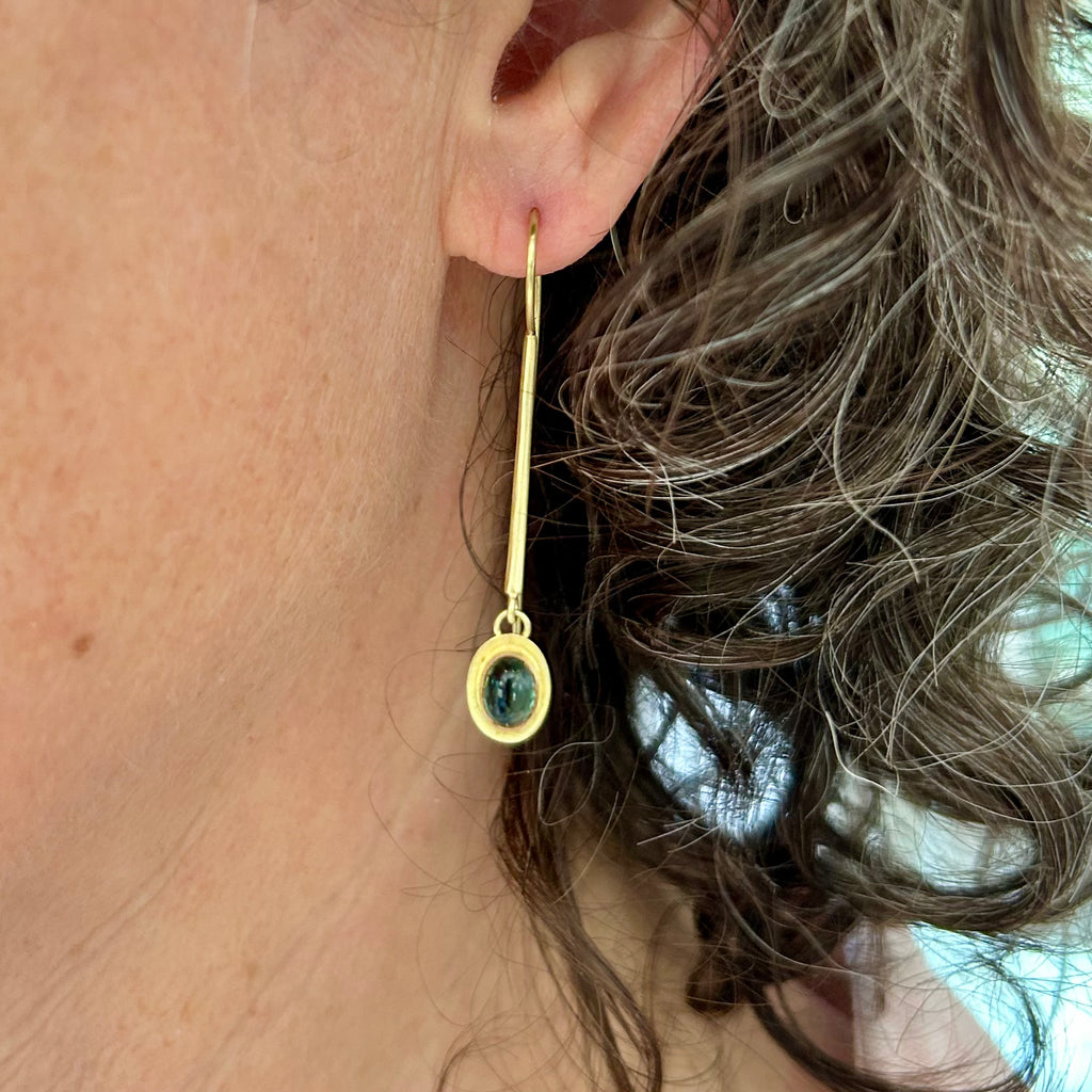 Photograph 2 of Jean-Scott Moncrieff's Contemporary 18k Yellow Gold Teal Green Tourmaline Drop Statement Earrings. Available on DESIGNYARD.com and in our Jewellery Shop Dublin, Ireland. Free Worldwide Shipping with DHL.