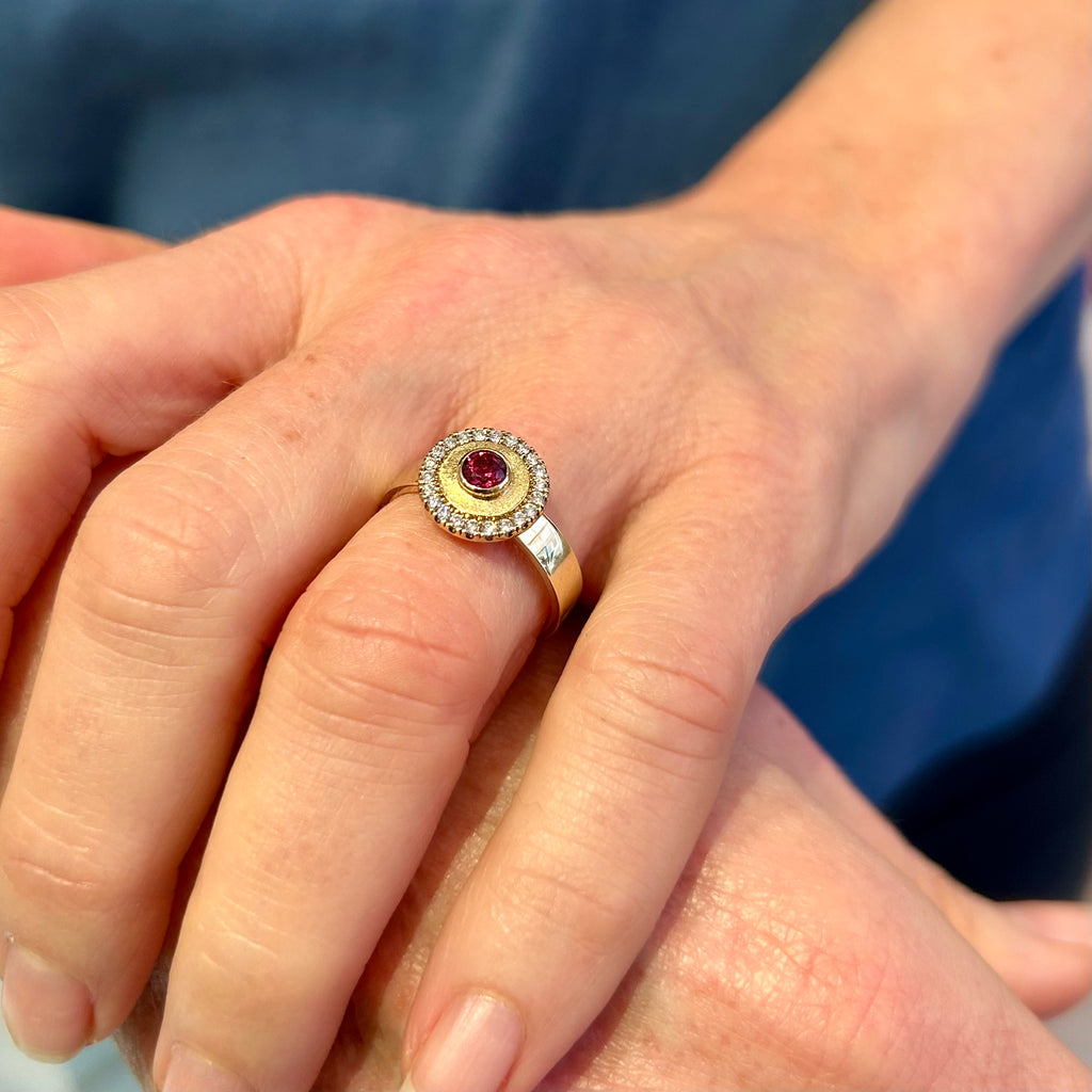 Photograph 3 of Cassie McCann's Yellow Gold Pretty in Pink Spinel Diamond Engagement Ring. Available on DESIGNYARD.com and in our Jewellery Shop Dublin, Ireland. Free Worldwide Shipping with DHL.