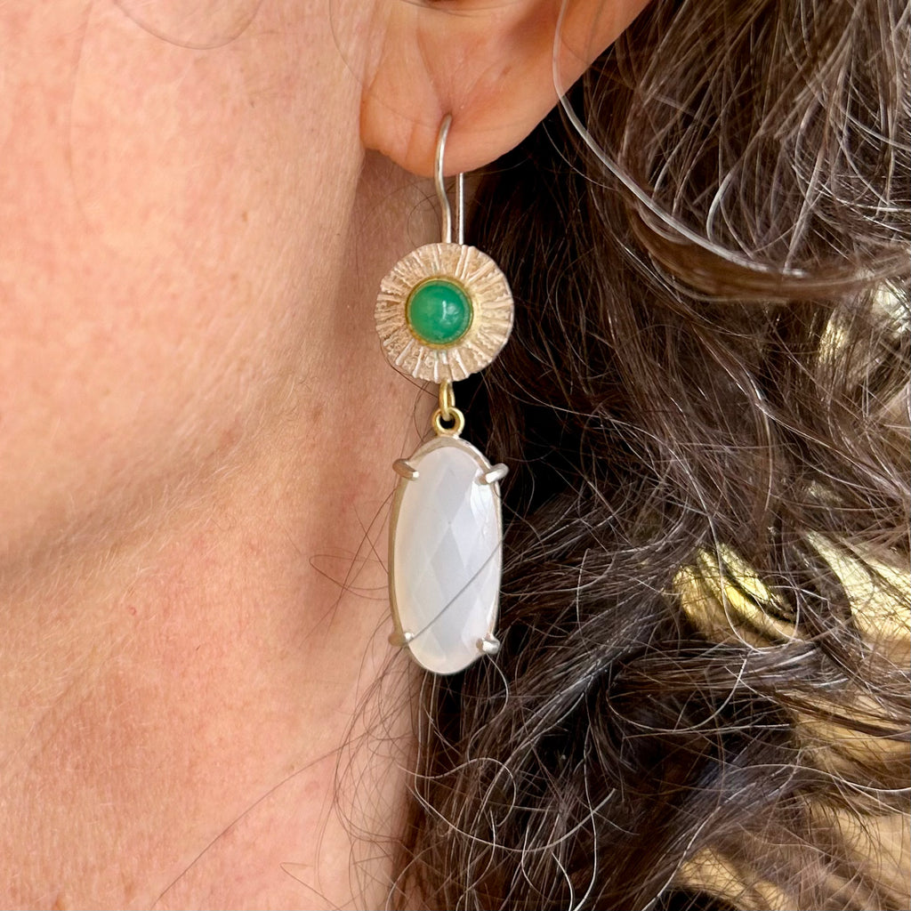 Photograph 3 of Catherine Mannheim's 18k Yellow Gold Silver Chrysoprase Moonstone Drop Earrings. Available on DESIGNYARD.com and in our Jewellery Shop Dublin, Ireland. Free Worldwide Shipping with DHL.