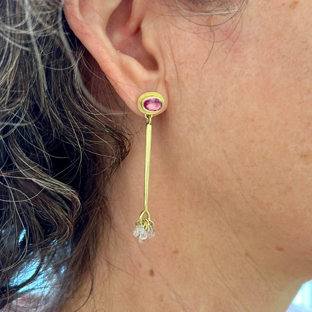 Photograph 3 of Jean-Scott Moncrieff's Contemporary 18k Yellow Gold Hot Pink Sapphire Diamond Drop Statement Earrings. Available on DESIGNYARD.com and in our Jewellery Shop Dublin, Ireland. Free Worldwide Shipping with DHL.