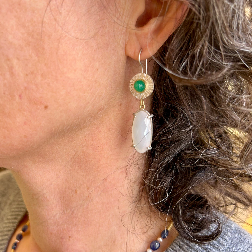 Photograph 2 of Catherine Mannheim's 18k Yellow Gold Silver Chrysoprase Moonstone Drop Earrings. Available on DESIGNYARD.com and in our Jewellery Shop Dublin, Ireland. Free Worldwide Shipping with DHL.