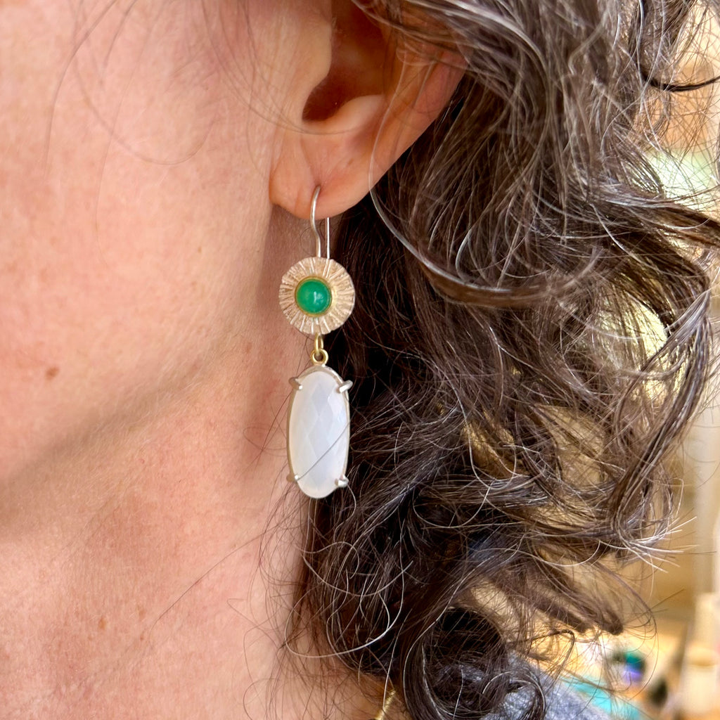 Photograph 4 of Catherine Mannheim's 18k Yellow Gold Silver Chrysoprase Moonstone Drop Earrings. Available on DESIGNYARD.com and in our Jewellery Shop Dublin, Ireland. Free Worldwide Shipping with DHL.