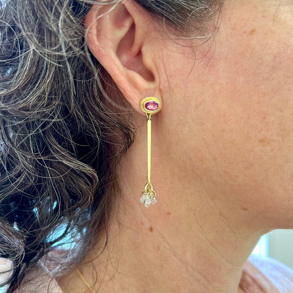 Photograph 2 of Jean-Scott Moncrieff's Contemporary 18k Yellow Gold Hot Pink Sapphire Diamond Drop Statement Earrings. Available on DESIGNYARD.com and in our Jewellery Shop Dublin, Ireland. Free Worldwide Shipping with DHL.