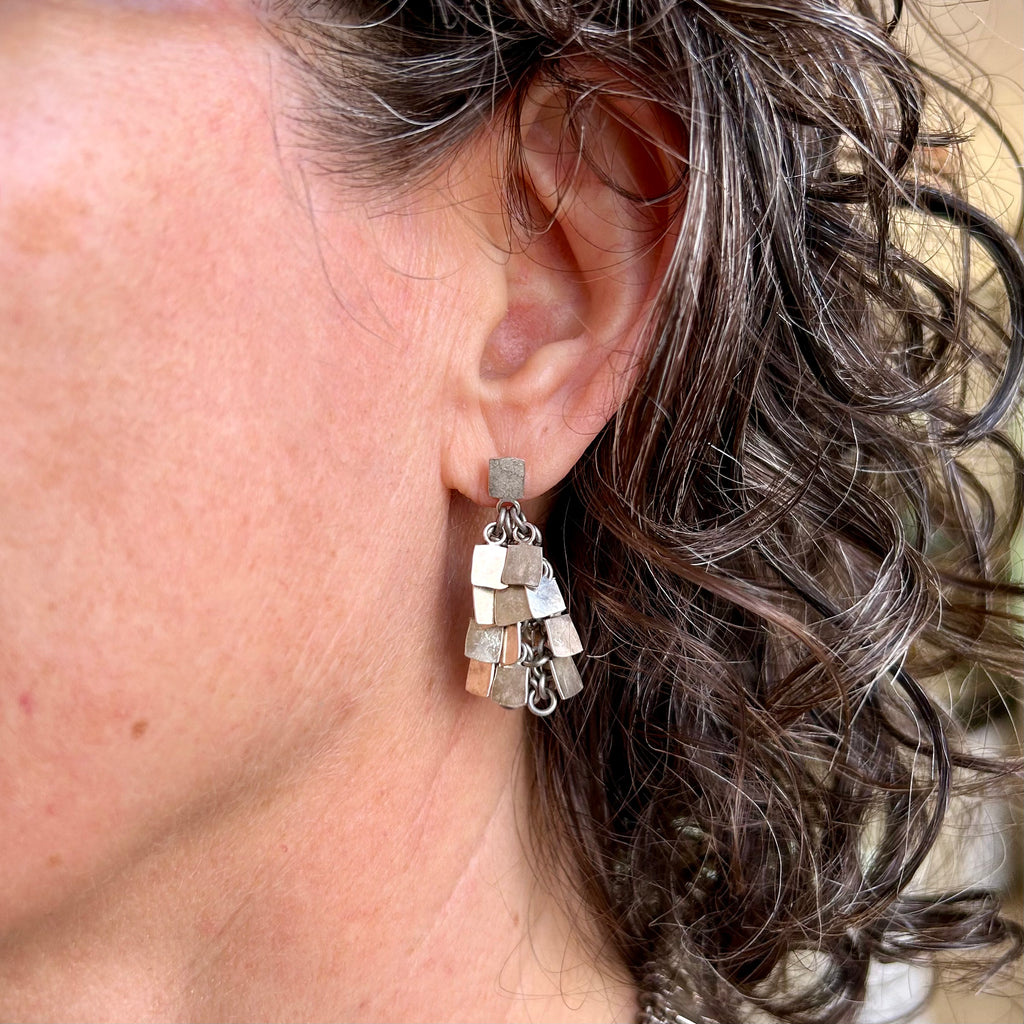 Photograph 2 of Alison Evans's Contemporary Sterling Silver Shake Drop Statement Earrings. Available  on DESIGNYARD.com and in our Jewellery Shop Dublin, Ireland. Free Worldwide Shipping with DHL.