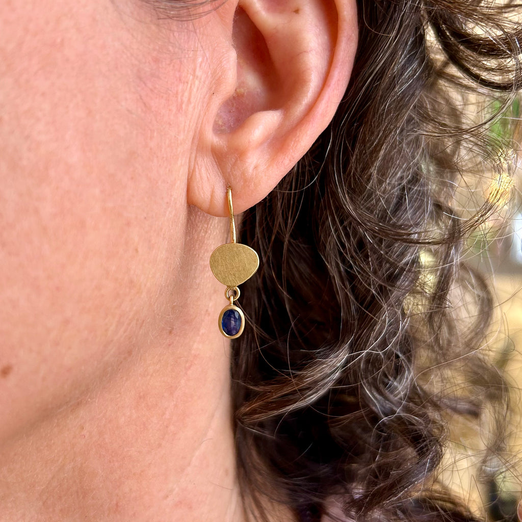 Photograph 4 of Catherine Mannheim's Contemporary 18k Yellow Gold Blue Sapphire Drop Earrings. Available on DESIGNYARD.com and in our Jewellery Shop Dublin, Ireland. Free Worldwide Shipping with DHL.