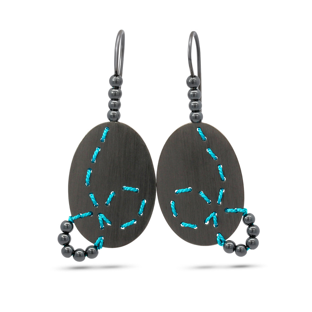 Brigitte Adolph - Oxidized Silver Turquoise Silk Hematite Loop red dot award winning Earrings - DESIGNYARD no 1 for contemporary jewellery Dublin Ireland