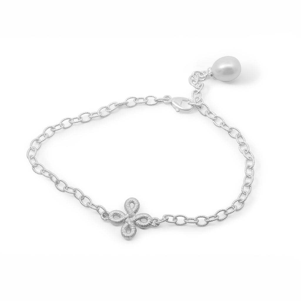 Photograph 2 of Brigitte Adolph's Sterling Silver Freshwater Pearl Pique Dame Dainty Delicate Bracelet. Available on DESIGNYARD.com No 1 for Contemporary Jewellery Dublin, Ireland.