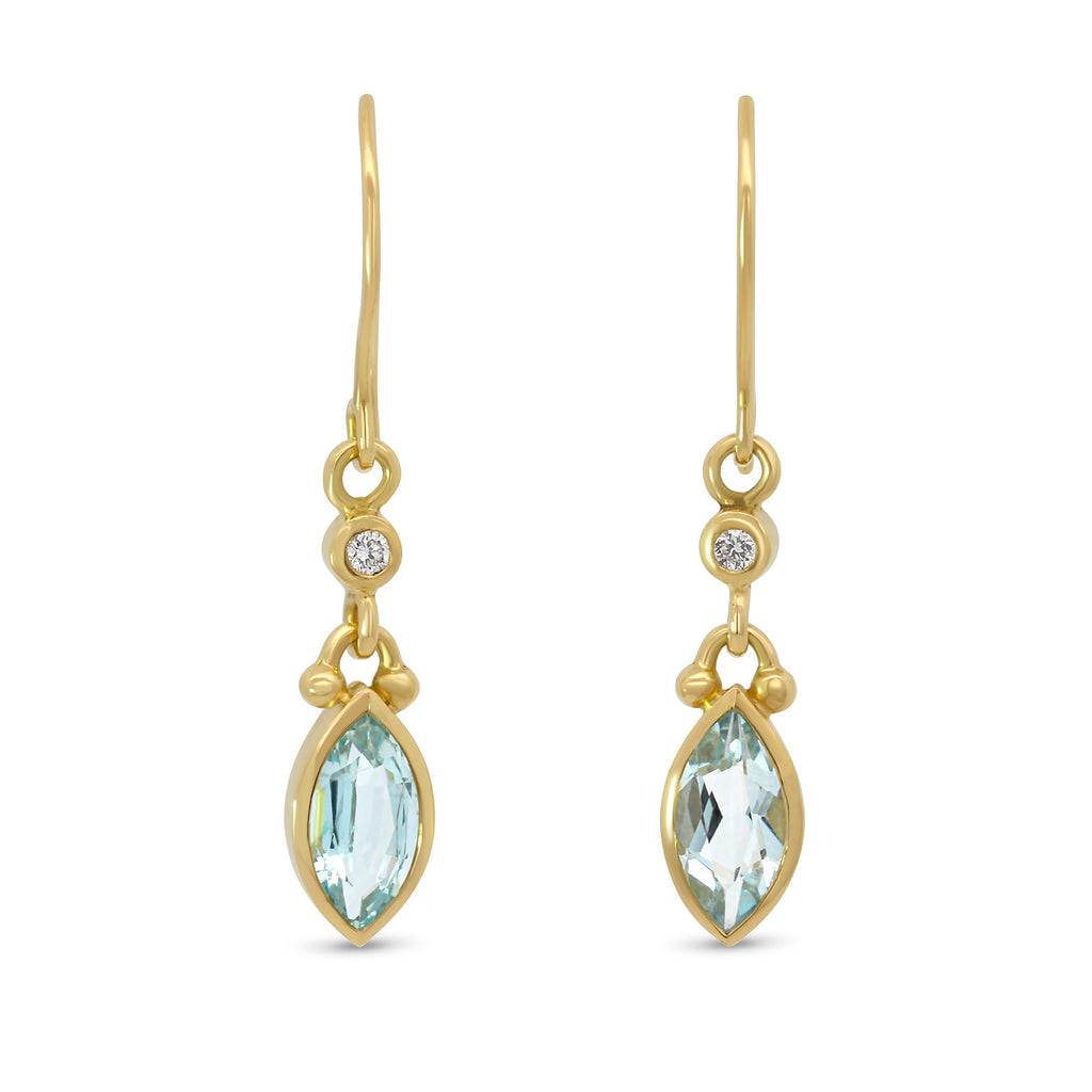 Photograph 1 of Cassie McCann's 18k Yellow Gold Aquamarine Diamond Earrings. Available on DESIGNYARD.com and in our Jewellery Shop Dublin, Ireland.