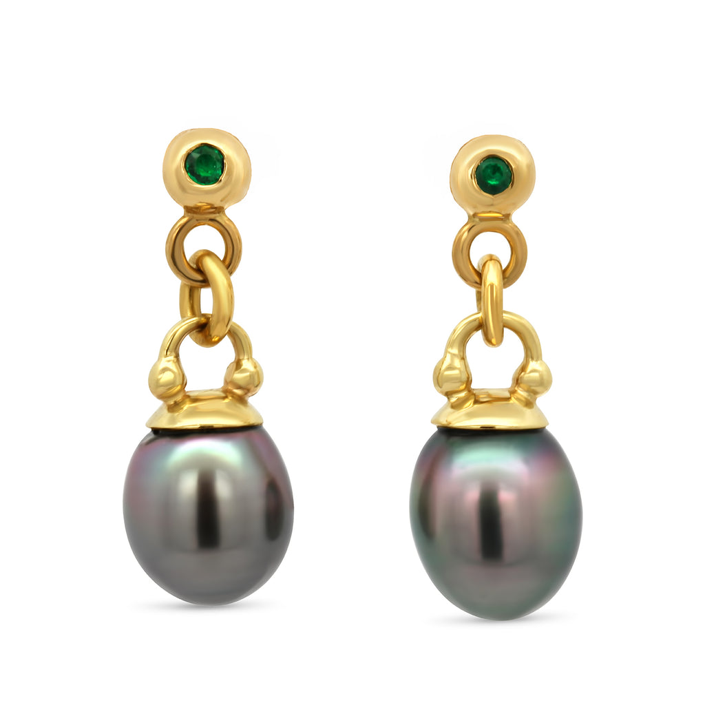 Photograph 1 of Cassie McCann's Exquisite 18k Yellow Gold Tahitian Pearl Emerald Athena Irish handmade statement Earrings. Available on DESIGNYARD.com Number 1 for Contemporary Jewellery Dublin, Ireland. Free Worldwide Shipping with DHL.