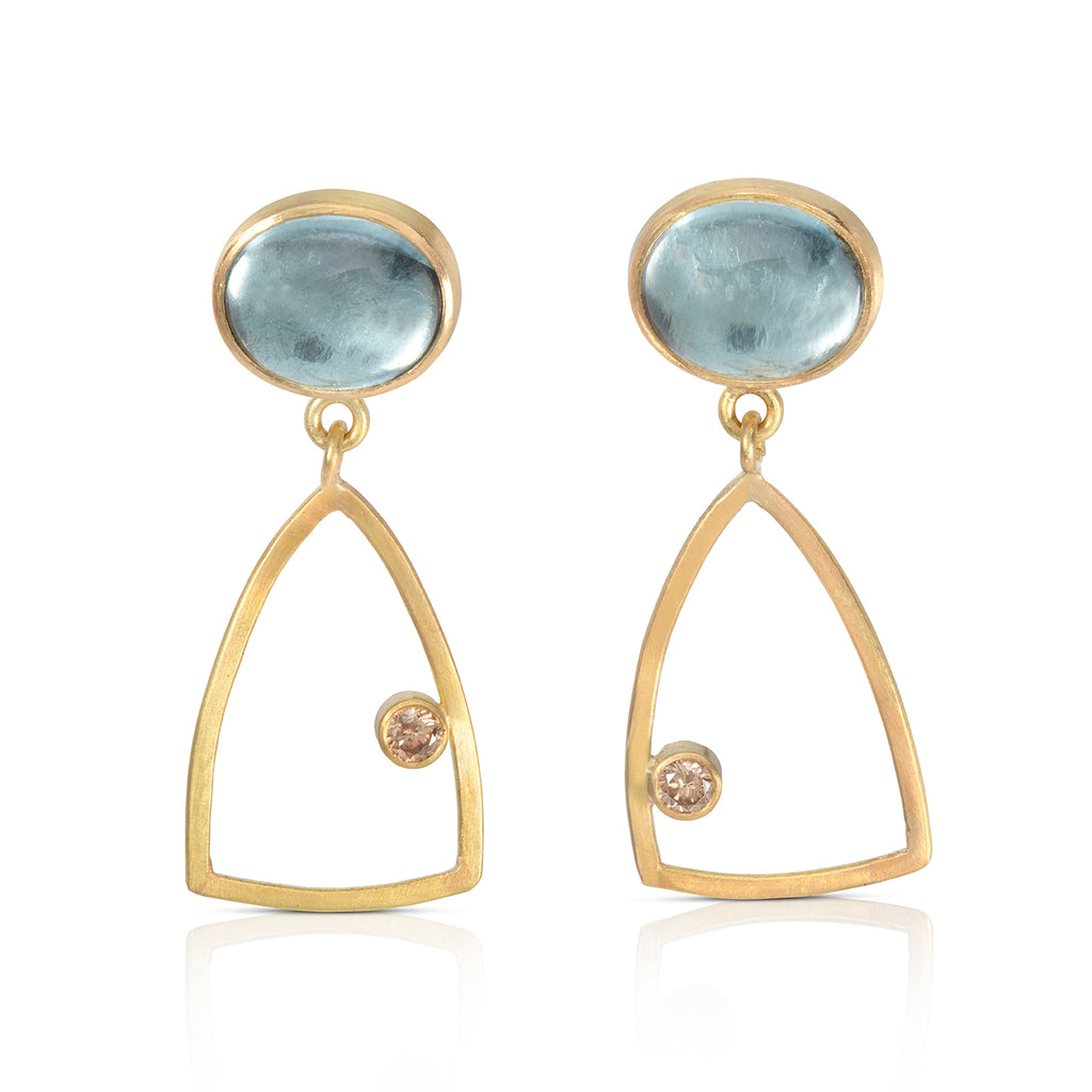 Photograph 1 of Catherine Mannheim's 18k Yellow Gold Aquamarine Diamond Drop Earrings. Available on DESIGNYARD.com and in our Jewellery Shop Dublin, Ireland.