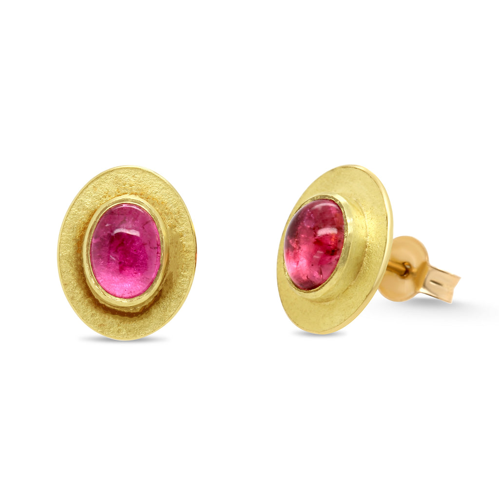 Photograph 1 of Catherine Mannheim's 18k Yellow Gold Fine Pink Tourmaline Stud Earrings. Available on DESIGNYARD.com and in our Jewelry Store Dublin, Ireland.