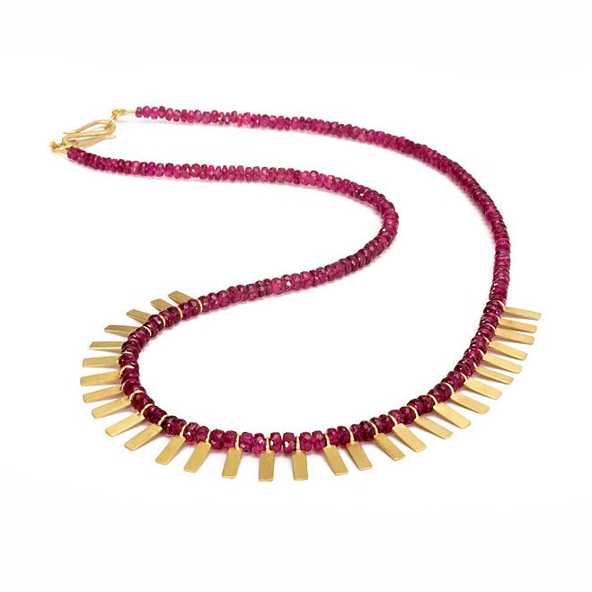 Photograph 1 of Catherine Mannheim's 18k Yellow Gold Pink Tourmaline Flags Necklace. Available on DESIGNYARD.com and in our Jewellery Shop Dublin, Ireland.