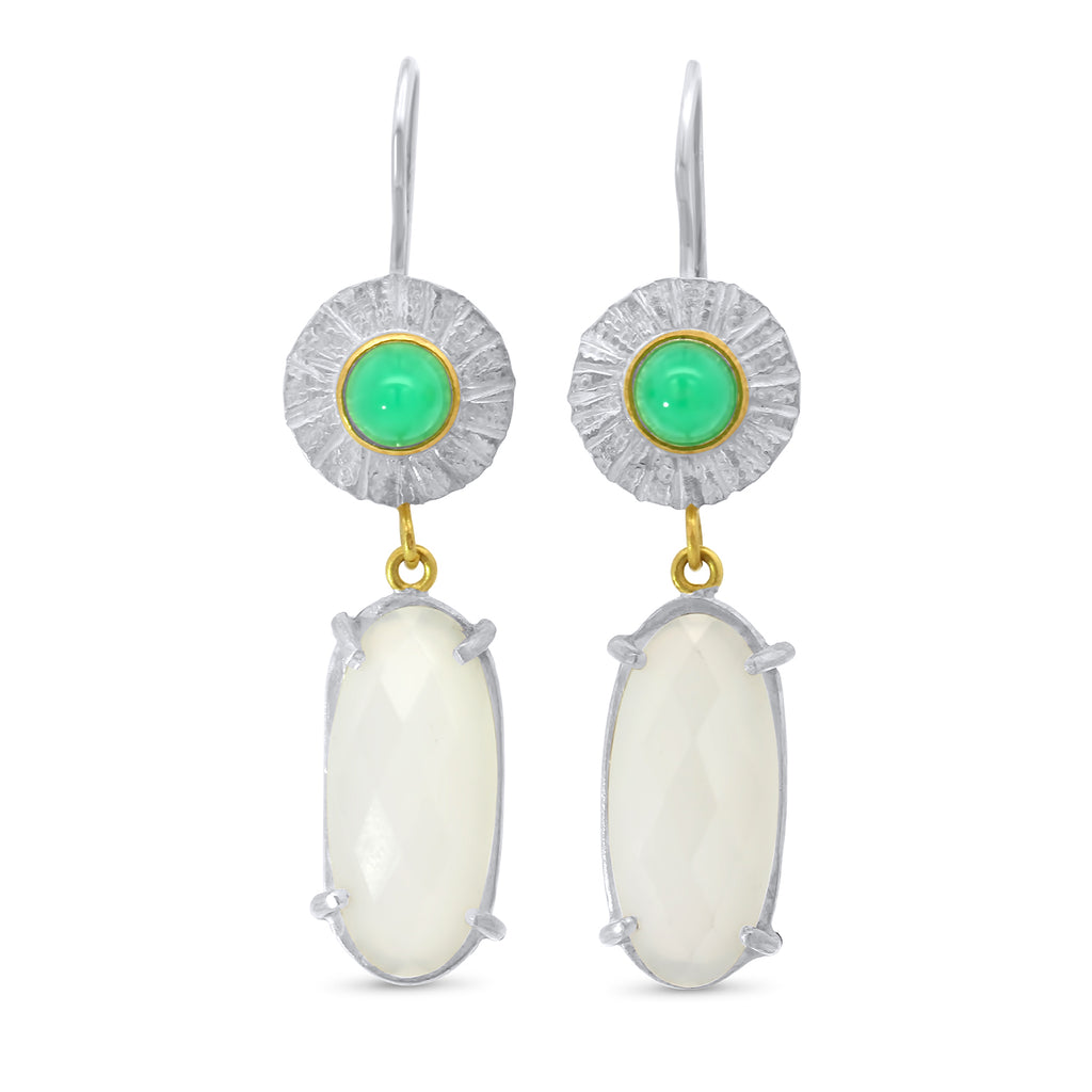 Photograph 1 of Catherine Mannheim's 18k Yellow Gold Silver Chrysoprase Moonstone Drop Earrings. Available on DESIGNYARD.com and in our Jewellery Shop Dublin, Ireland. Free Worldwide Shipping with DHL.