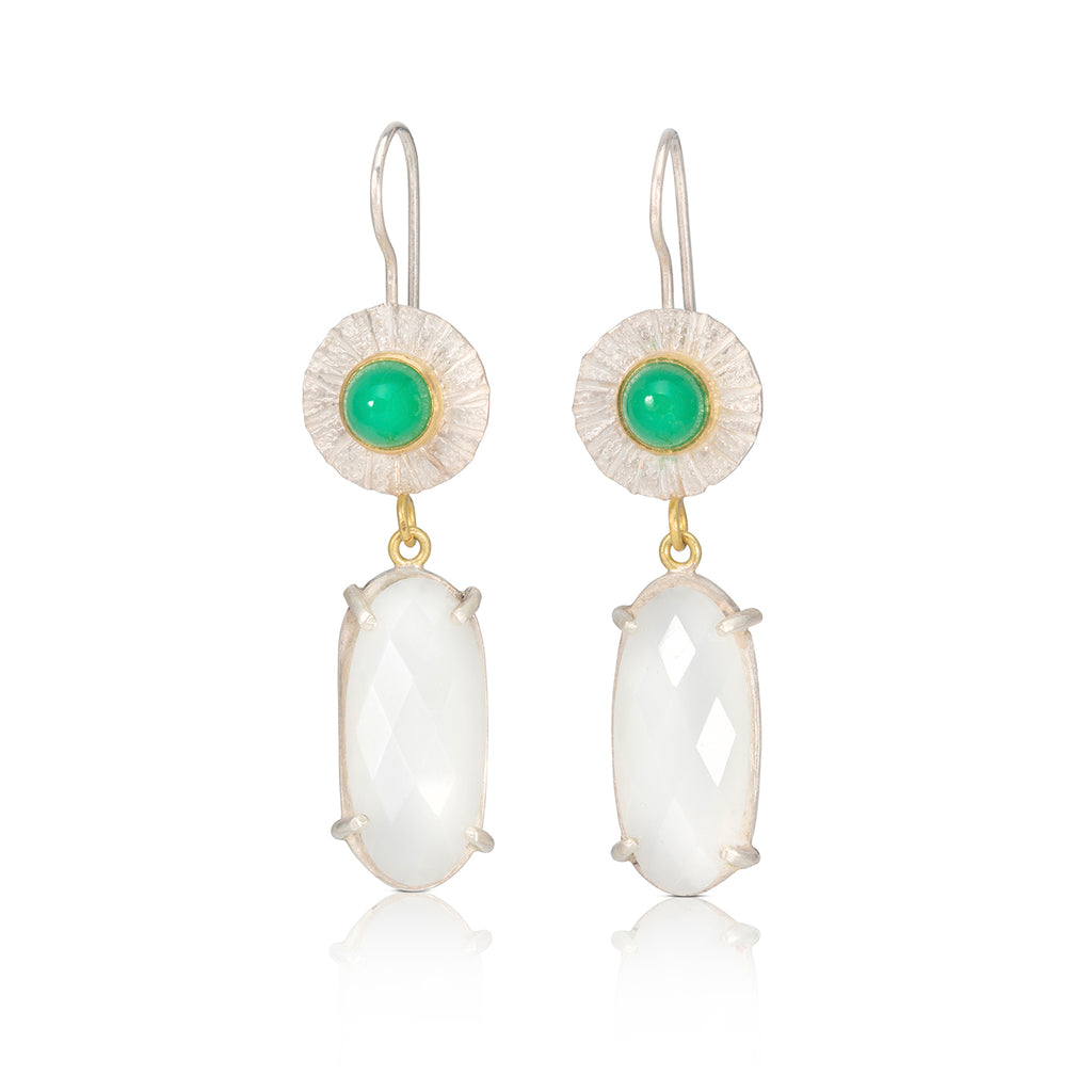 Photograph 1 of Catherine Mannheim's 18k Yellow Gold Silver Chrysoprase Moonstone Drop Earrings. Available on DESIGNYARD.com and in our Jewellery Shop Dublin, Ireland.