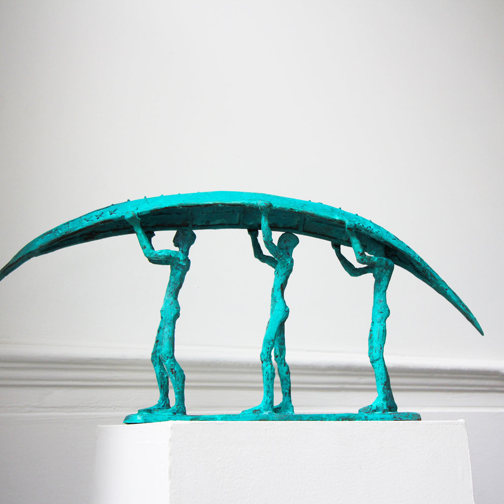 Photograph 3 of Clodagh Redden's Green Bronze Three Man Boat Sculpture. Available on DESIGNYARD.com and in our Gallery Dublin, Ireland.