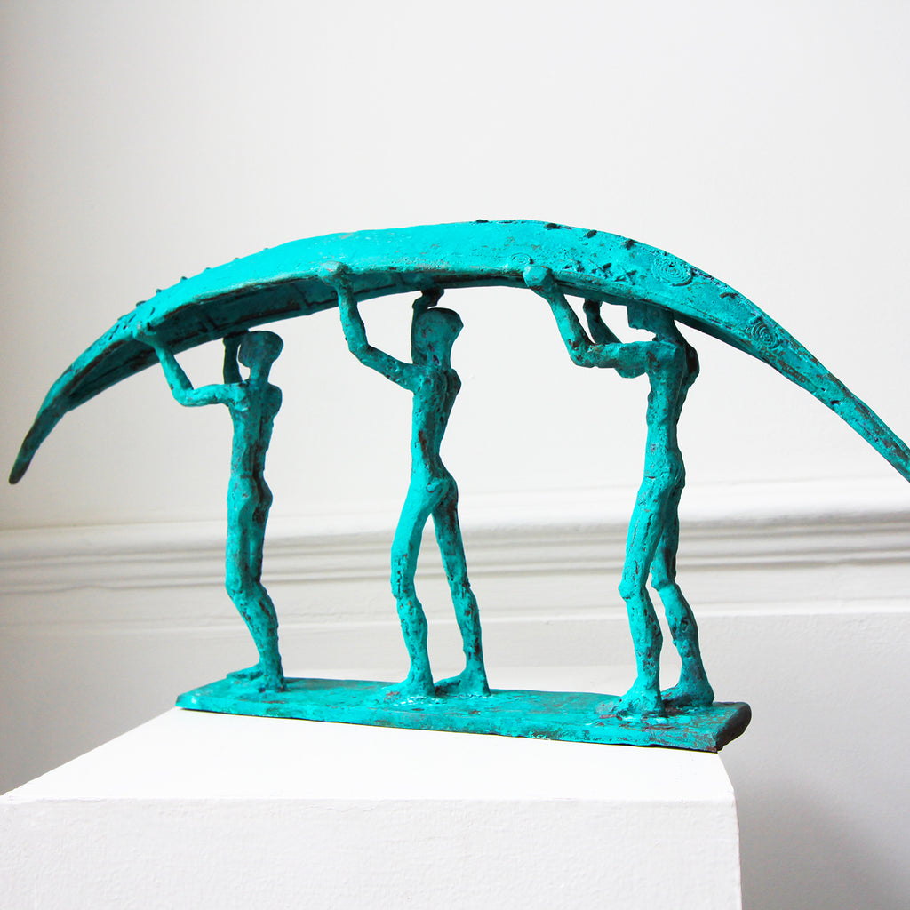 Photograph 4 of Clodagh Redden's Green Bronze Three Man Boat Sculpture. Available on DESIGNYARD.com and in our Gallery Dublin, Ireland.