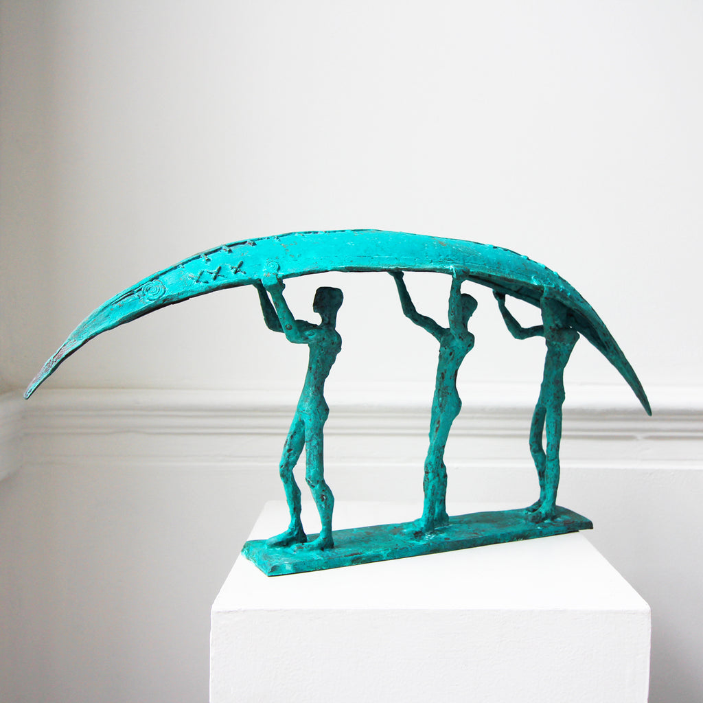 Photograph 2 of Clodagh Redden's Green Bronze Three Man Boat Sculpture. Available on DESIGNYARD.com and in our Gallery Dublin, Ireland.