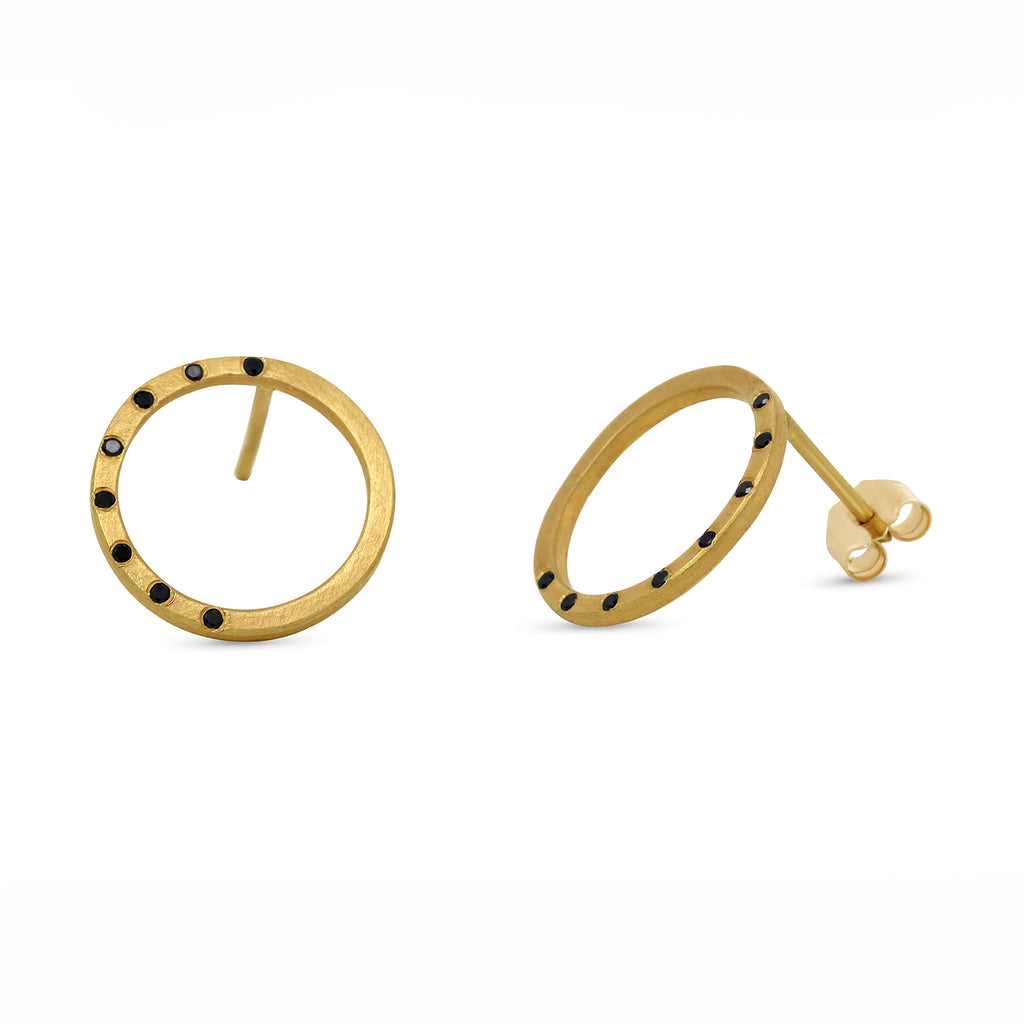 Photograph 1 of Daphne Krinos's 18k Yellow Gold Black Diamond Circle Earrings. Available on DESIGNYARD.com and in our Jewelry Store Dublin, Ireland.