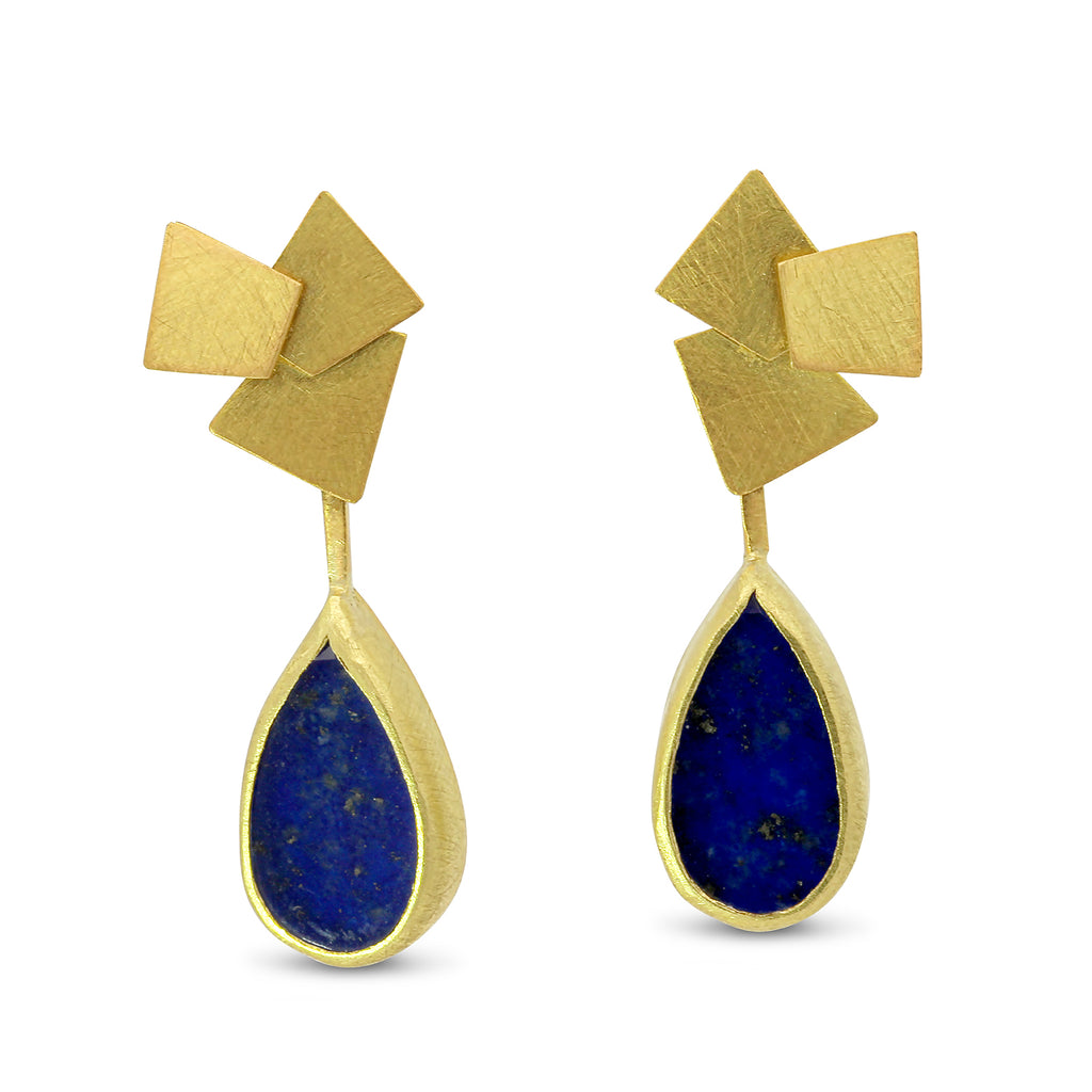 Photograph 2 of Daphne Krinos's 18k Yellow Gold Ultramarine Drop Earrings. Available on DESIGNYARD.com and in our Jewellery Shop Dublin, Ireland.