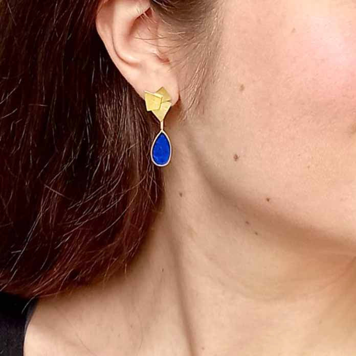 Photograph 1 of Daphne Krinos's 18k Yellow Gold Ultramarine Drop Earrings. Available on DESIGNYARD.com and in our Jewellery Shop Dublin, Ireland.