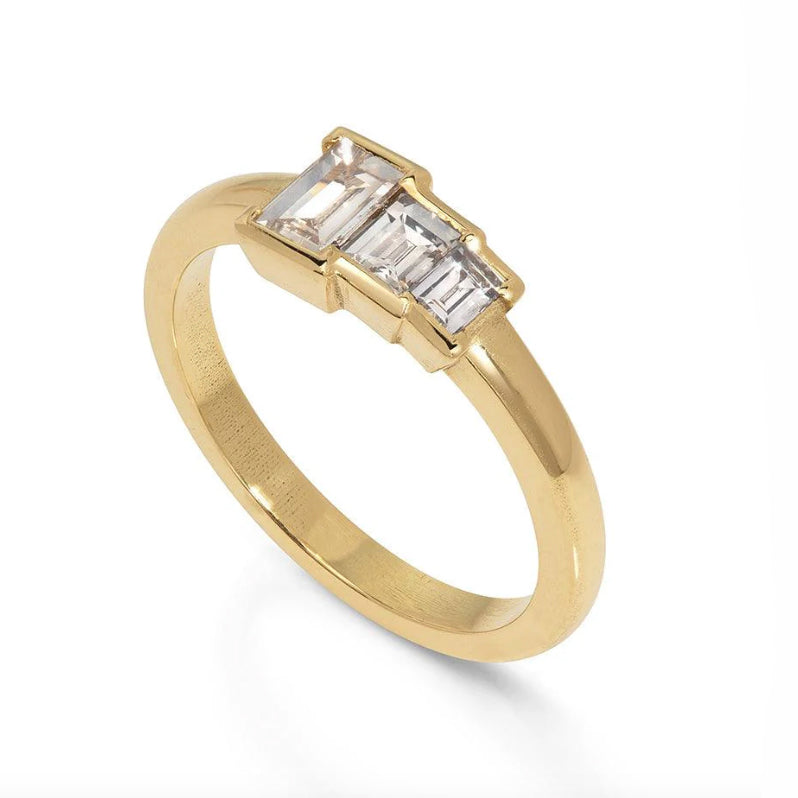 Photograph 1 of Flora Bhattachary's 14k Yellow Gold Asha Baguette Trilogy Diamond Engagement Ring. available on DESIGNYARD.com and in our Jewellery Shop Dublin, Ireland.