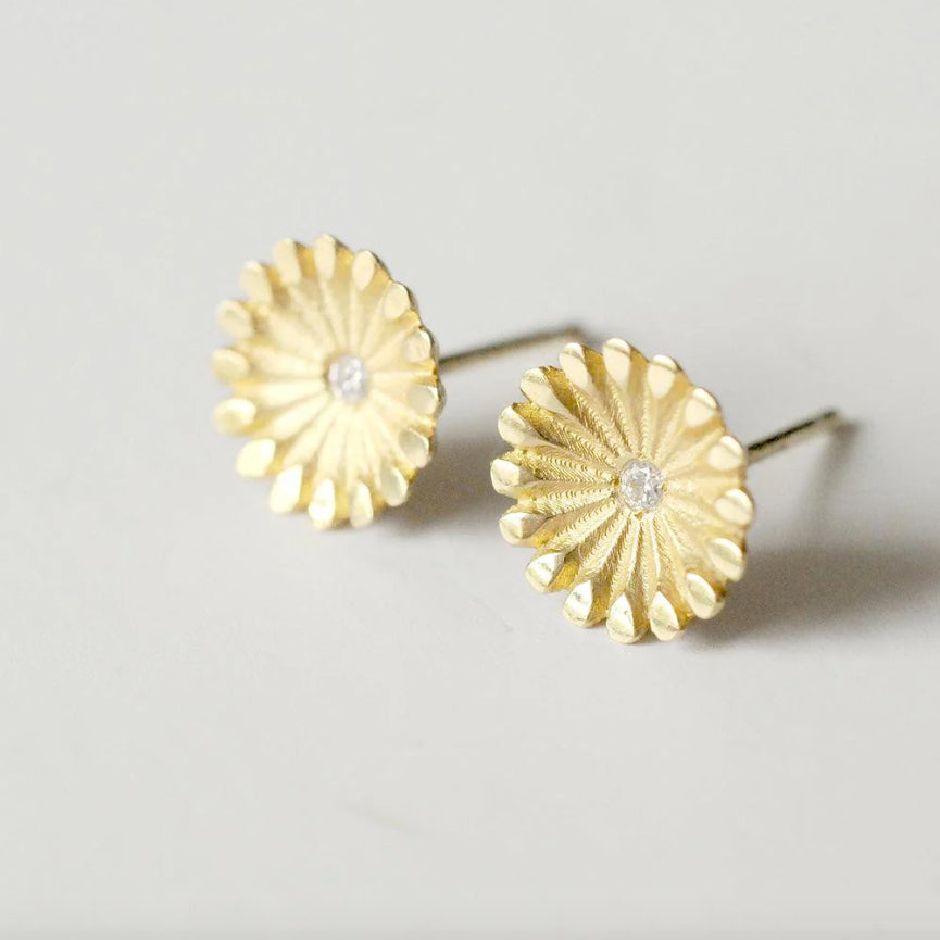 Photograph 3 of Flora bhattachary's 18k Yellow Gold Lotus Diamond Stud Earrings. Available on DESIGNYARD.com and in our Jewelry Store Dublin, Ireland.