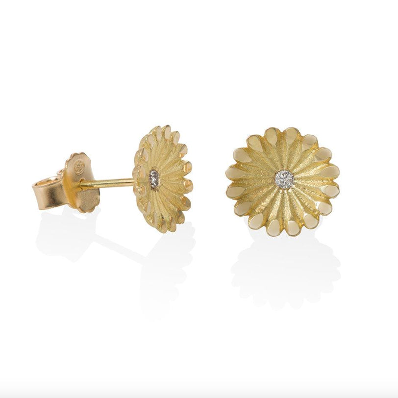 Photograph 1 of Flora bhattachary's 18k Yellow Gold Lotus Diamond Stud Earrings. Available on DESIGNYARD.com and in our Jewelry Store Dublin, Ireland.