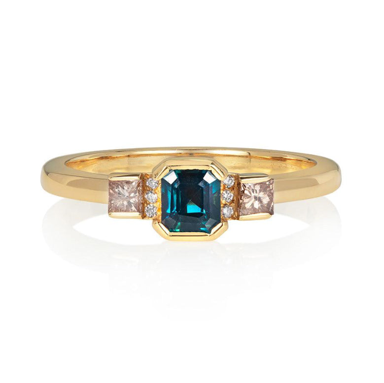 Photograph 2 of Flora Bhattachary's 18k Yellow Gold Nova Teal Sapphire Diamond Engagement Ring. Available on DESIGNYARD.com and in our Jewellery Shop Dublin, Ireland.