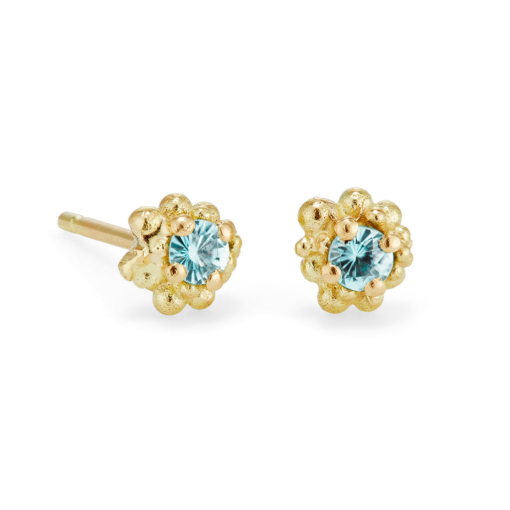 Photograph 1 of Hannah Bedford's 18k Yellow Gold Blue Zircon Cluster Earrings. Available on DESIGNYARD.com and in our Jewellery shop Dublin, Ireland.