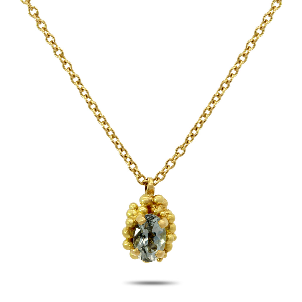 Photograph 1 of Hannah Bedford's 18k Yellow Gold Aquamarine Cluster Pendant. Available on DESIGNYARD.com and in our Jewellery Shop Dublin, Ireland. Free Worldwide Shipping with DHL.