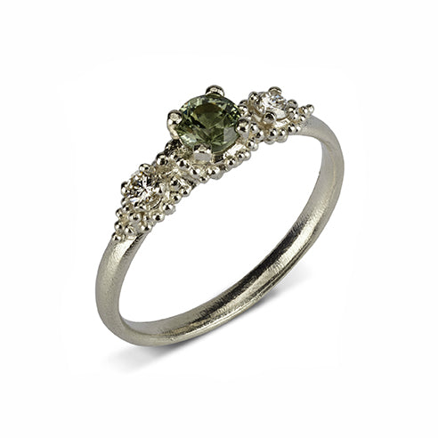 Photograph 1 of Hannah Bedford's 9k White Gold Triple Cluster Green Sapphire Diamond Engagement Ring. Available on DESIGNYARD.com and in our Jewellery Shop Dublin, Ireland.