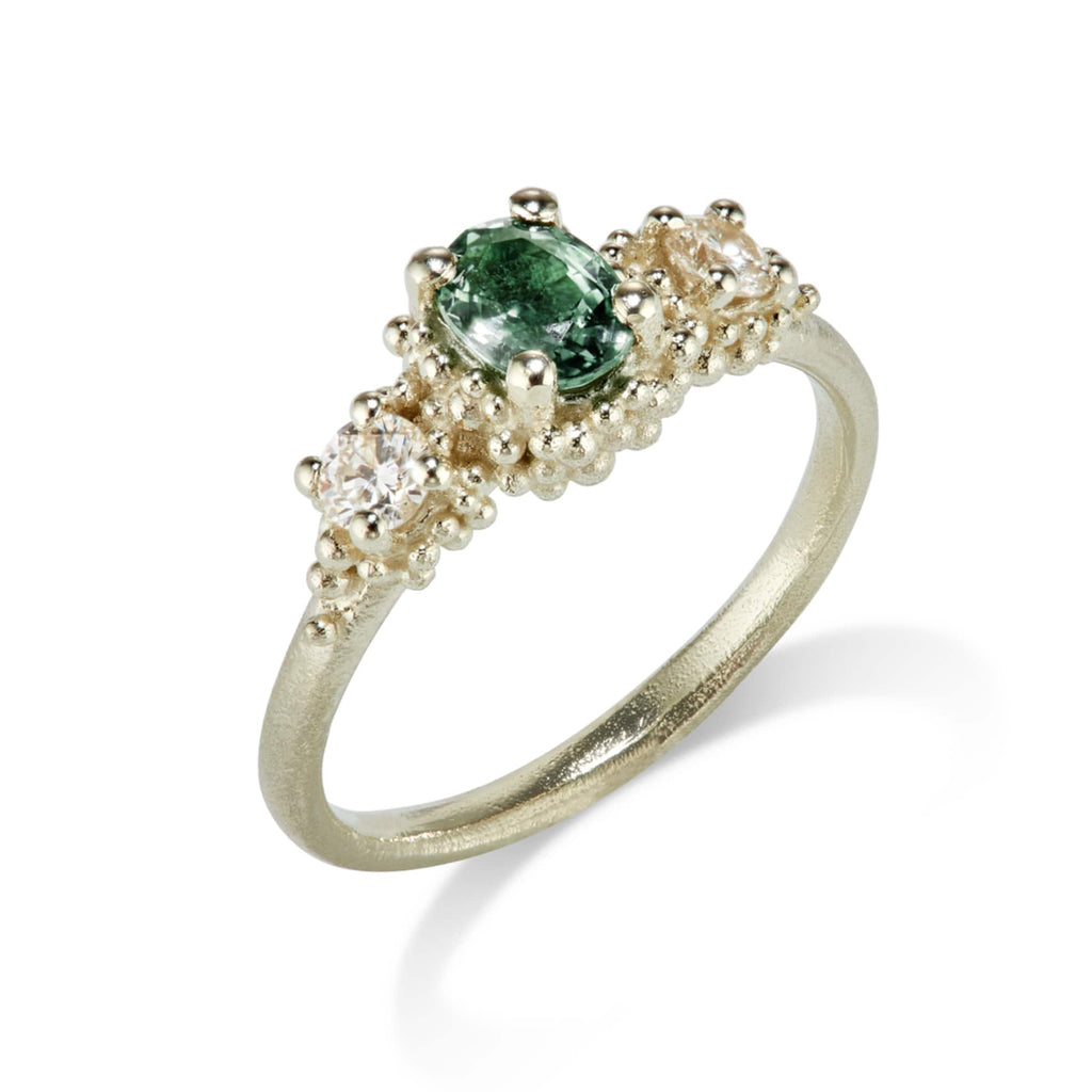 Photograph 1 of Hannah Bedford's 9k White Gold Green Sapphire Diamond Engagement Ring. Available on DESIGNYARD.com and in our Jewelry Store Dublin, Ireland.