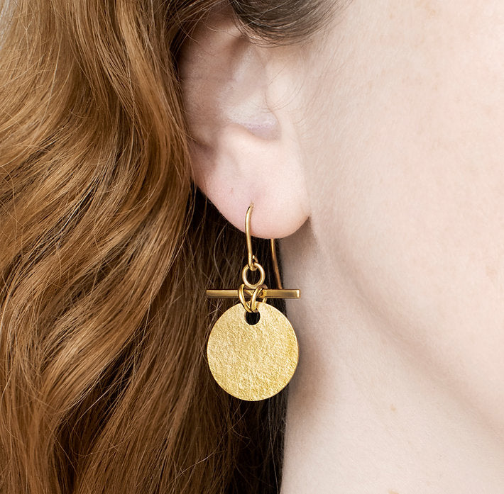 Photograph 1 of Heather O'Connor's Contemporary Silver Gold Shimmer T-Bar Drop Disk Statement Earrings. Available on DESIGNYARD.com and in our Jewellery Shop Dublin, Ireland. Free Worldwide Shipping with DHL.