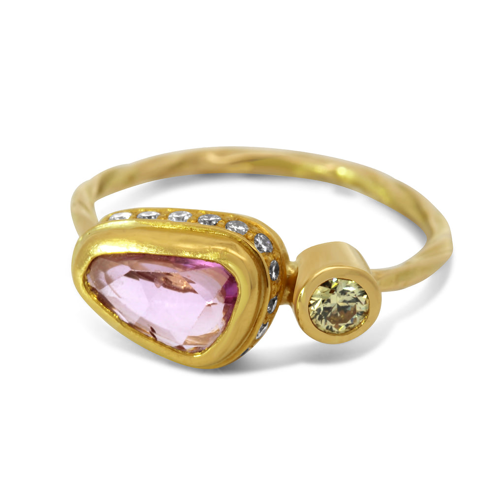 Photograph 1 of Josephine Bergsøe's Contemporary 18k 22k Yellow Gold Pink Sapphire Diamond Cocktail Ring. Available on DESIGNYARD.com and in our Jewelry Store Dublin, Ireland. Free Worldwide Shipping with DHL.