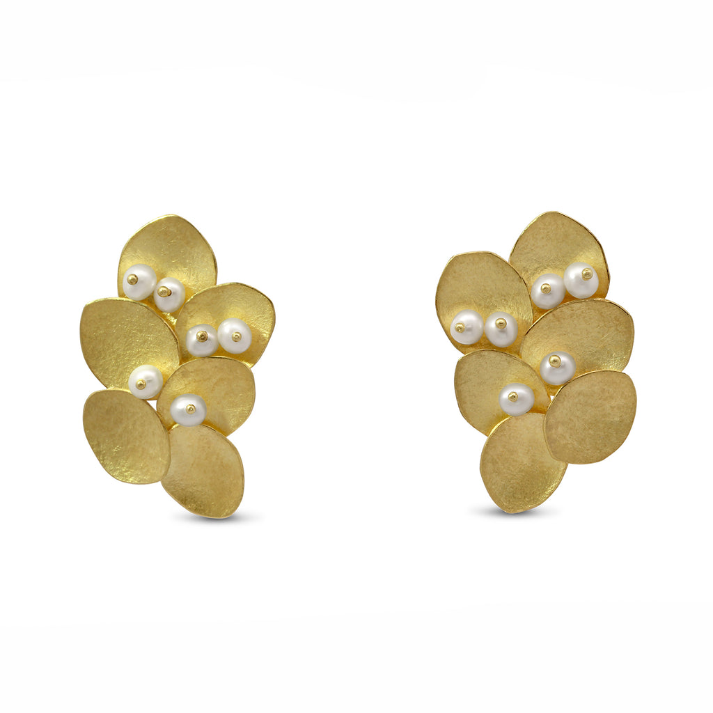 Photograph 1 of Kayo Saito's 18k Yellow Gold Pearl Elderflower Earrings. Available on DESGNYARD.com and in our Jewelry Store Dublin, Ireland.