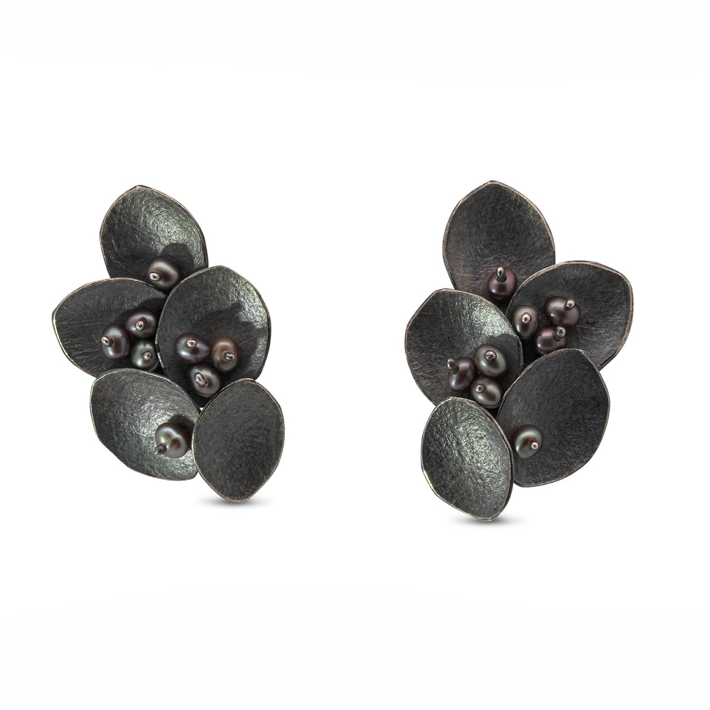 Photograph 1 of Kayo Saito's Silver Oxidised Black Pearl Elderflower Earrings. Available on DESIGNYARD.com and in our Jewellery Shop Dublin, Ireland.