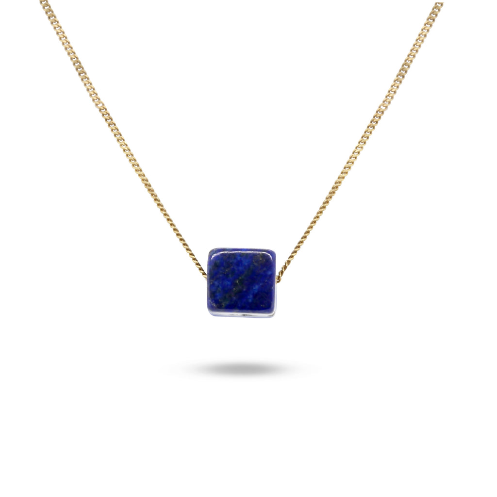 Photograph 1 of Nicole van der Wolf's Contemporary 9k Yellow Gold Lapis Lazuli Cube Necklace. Available on DESIGNYARD.com and in our Jewellery Shop Dublin, Ireland. Free Worldwide Shipping with DHL.