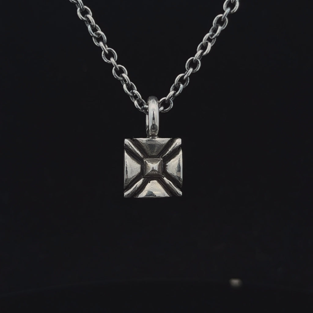 Video of Michael Evanet's Oxidised Silver Flat Back Rose Mens Pendant. Available on DESIGNYARD.com and in our Jewellery Shop Dublin, Ireland.