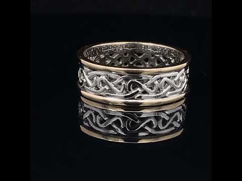 Video of 14k Yellow White Gold Mens Celtic Knot Wedding Ring. Handmade in Ireland. Available on DESIGNYARD.com and in our Jewelry Store Dublin, Ireland.