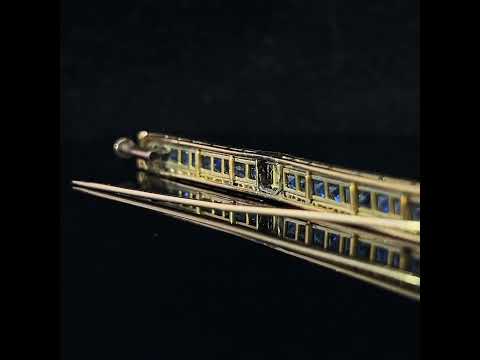 Video of Edwardian Platinum Yellow Gold Antique Sapphire Diamond Bar Brooch. Available on DESIGNYARD.com and in our Jewellery Shop Dublin, Ireland.