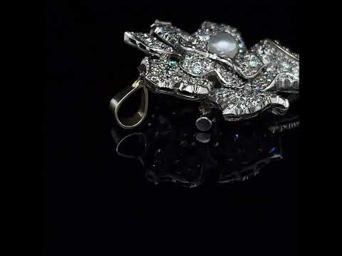 Video of 18k White Gold Diamond Pearl Flower Brooch Pendant. Available on DESIGNYARD.com and in our Jewellery Shop Dublin, Ireland.