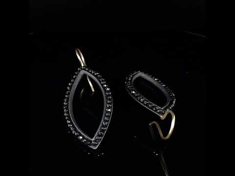 Video of Sophia Epp's Contemporary Oxidized Silver 18k Yellow Gold Black Spinel Navette Statement Earrings. Available on DESIGNYARD.com and in our Jewellery Shop Dublin, Ireland. Free Worldwide Shipping with DHL.