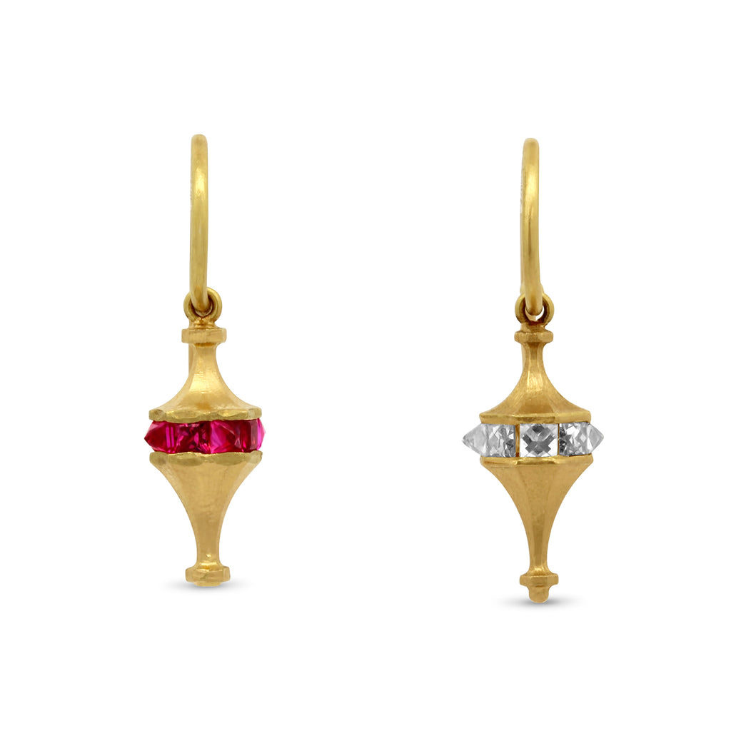 Photograph 1 of of Sam Lafford's Contemporary 18k Yellow Gold Leading Light Ruby Diamond Drop Statement Earrings. Available on DESIGNYARD.com and in our Jewellery Shop Dublin, Ireland. Free Worldwide Shipping with DHL.